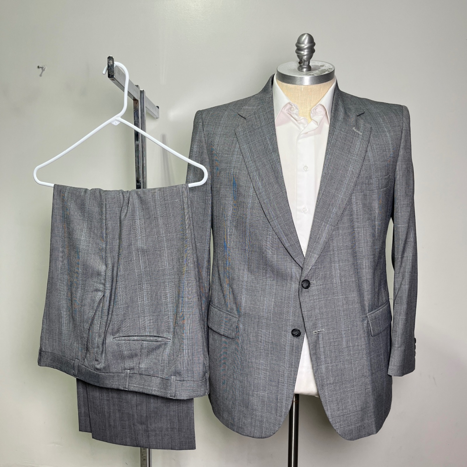 Towncraft Suit Mens 46r 40x28 Grey Glen Plaid Worsted Wool Blend 2 Button Vtg